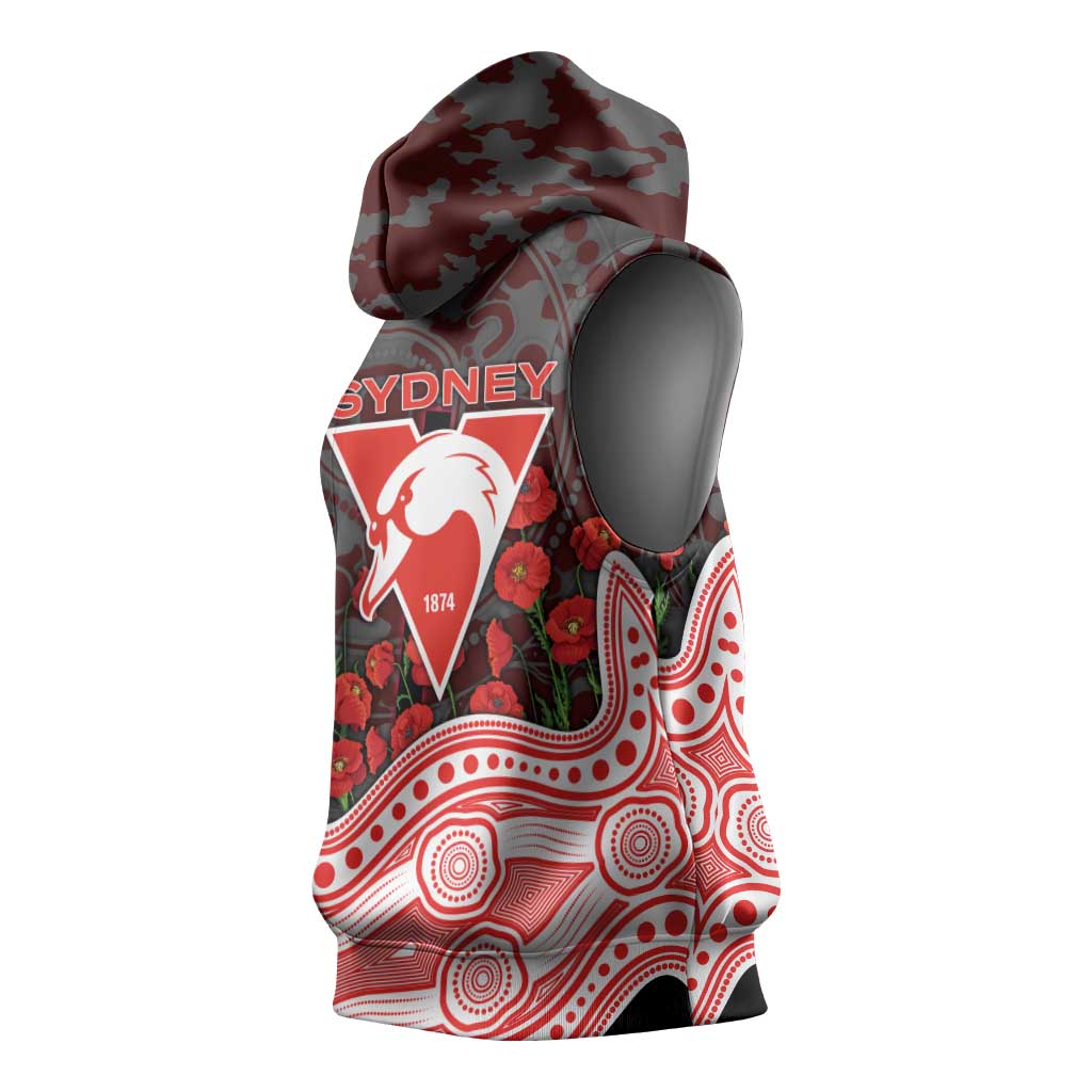 Sydney Swans ANZAC Day Sleeveless Hoodie Indigenous Dot Art with Poppy Flower Tribute