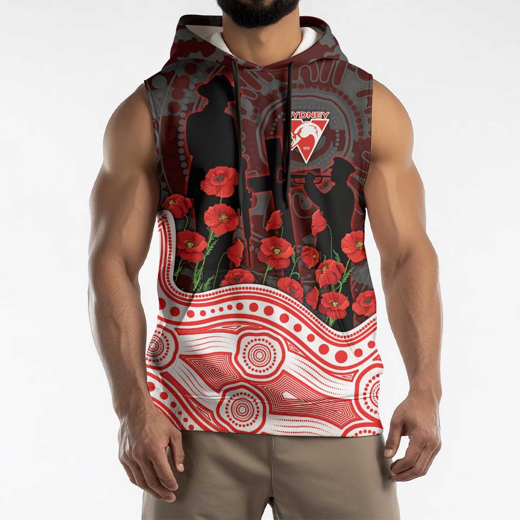 Sydney Swans ANZAC Day Sleeveless Hoodie Indigenous Dot Art with Poppy Flower Tribute