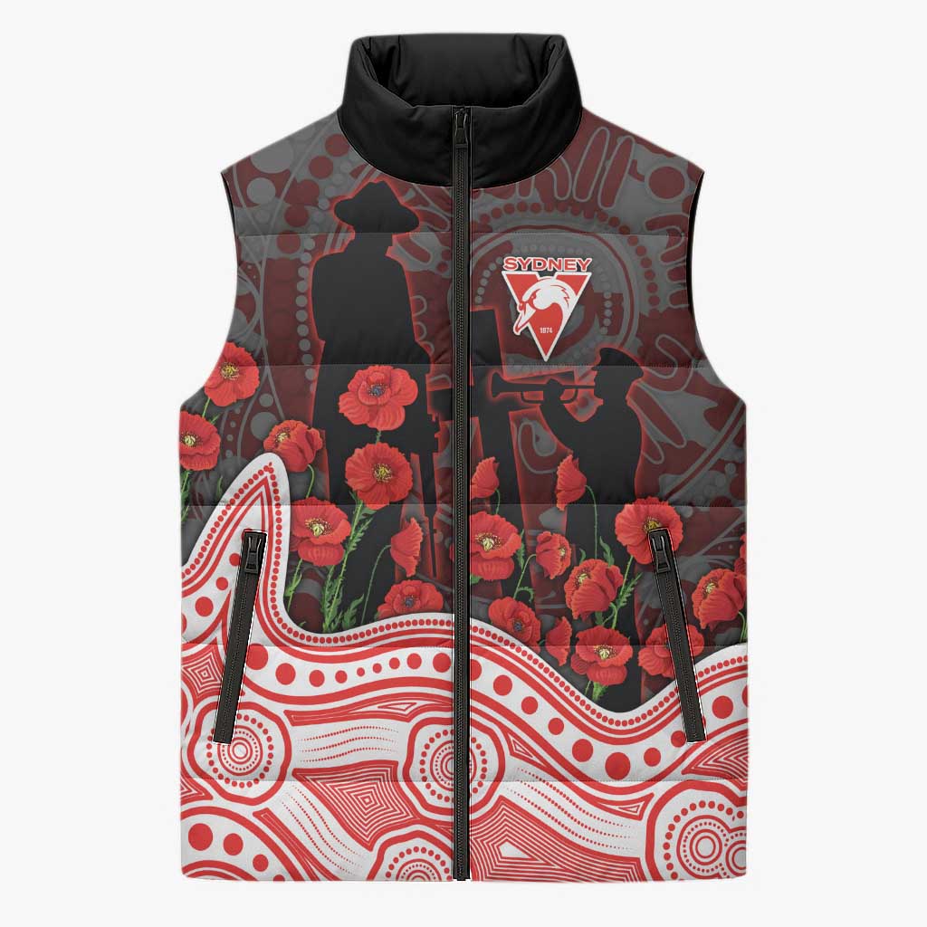 Sydney Swans ANZAC Day Sleeveless Puffer Jacket Indigenous Dot Art with Poppy Flower Tribute