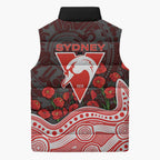 Sydney Swans ANZAC Day Sleeveless Puffer Jacket Indigenous Dot Art with Poppy Flower Tribute