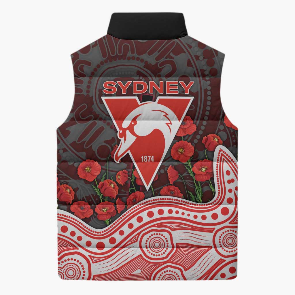 Sydney Swans ANZAC Day Sleeveless Puffer Jacket Indigenous Dot Art with Poppy Flower Tribute