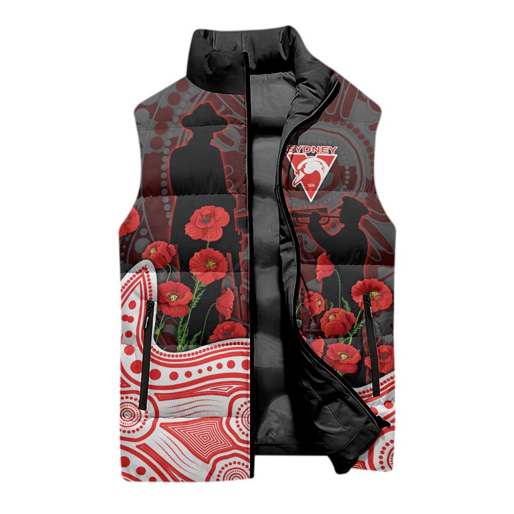 Sydney Swans ANZAC Day Sleeveless Puffer Jacket Indigenous Dot Art with Poppy Flower Tribute