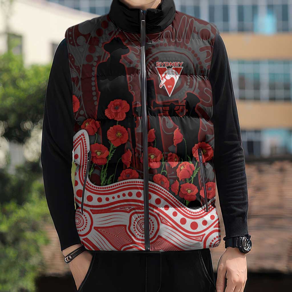 Sydney Swans ANZAC Day Sleeveless Puffer Jacket Indigenous Dot Art with Poppy Flower Tribute