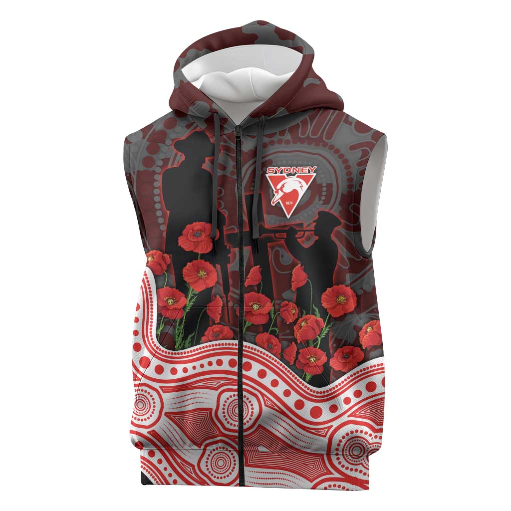 Sydney Swans ANZAC Day Sleeveless Zip Hoodie Indigenous Dot Art with Poppy Flower Tribute