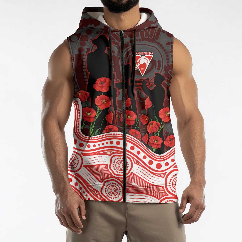 Sydney Swans ANZAC Day Sleeveless Zip Hoodie Indigenous Dot Art with Poppy Flower Tribute
