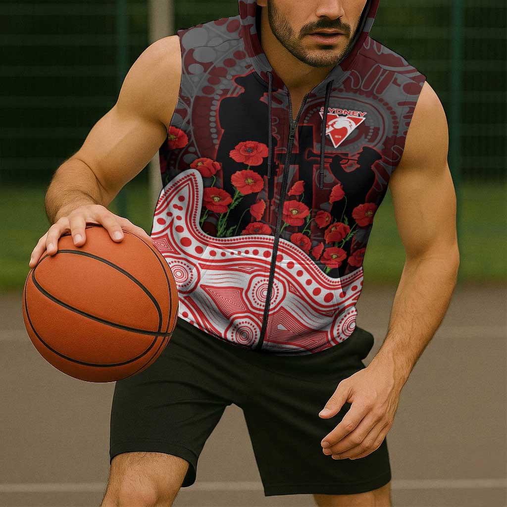 Sydney Swans ANZAC Day Sleeveless Zip Hoodie Indigenous Dot Art with Poppy Flower Tribute