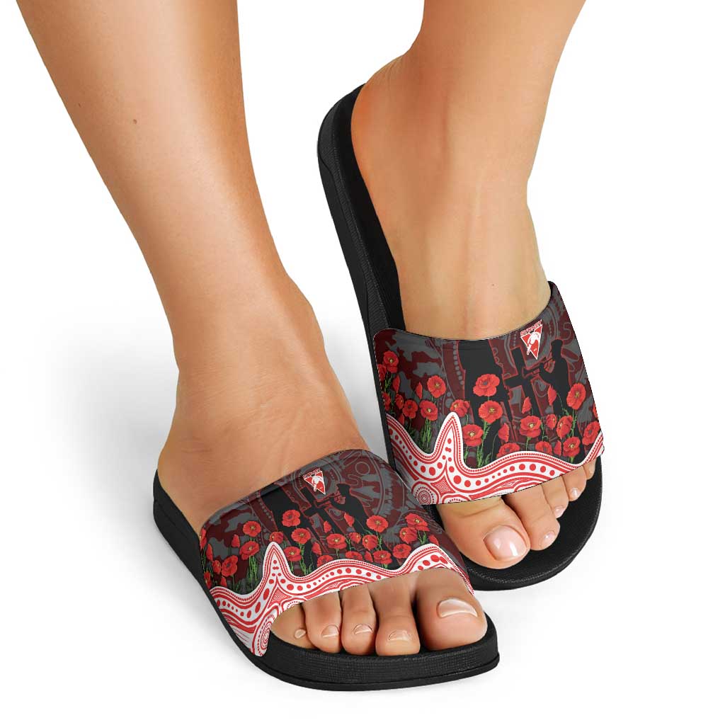 Sydney Swans ANZAC Day Slide Sandals Indigenous Dot Art with Poppy Flower Tribute