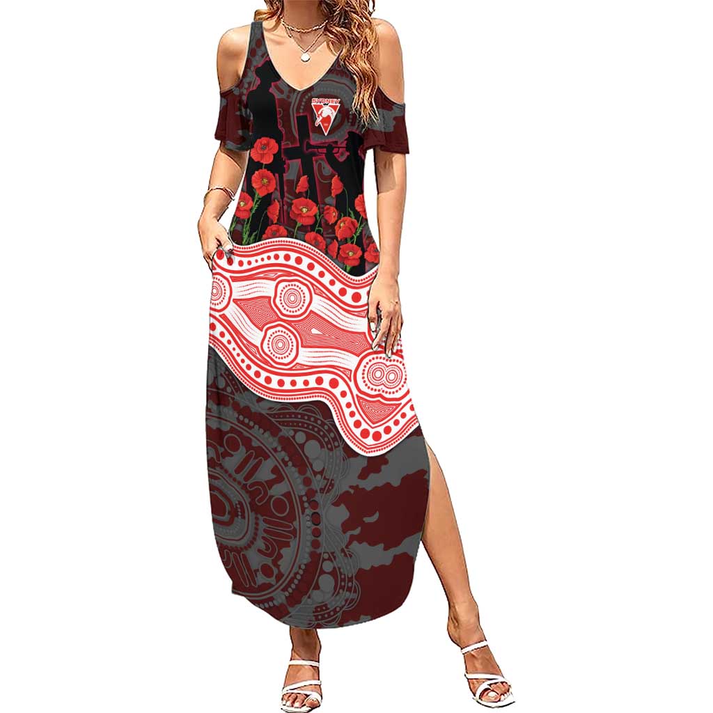 Sydney Swans ANZAC Day Summer Maxi Dress Indigenous Dot Art with Poppy Flower Tribute