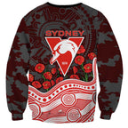 Sydney Swans ANZAC Day Sweatshirt Indigenous Dot Art with Poppy Flower Tribute