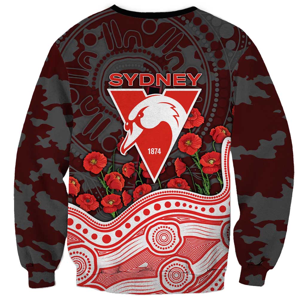 Sydney Swans ANZAC Day Sweatshirt Indigenous Dot Art with Poppy Flower Tribute