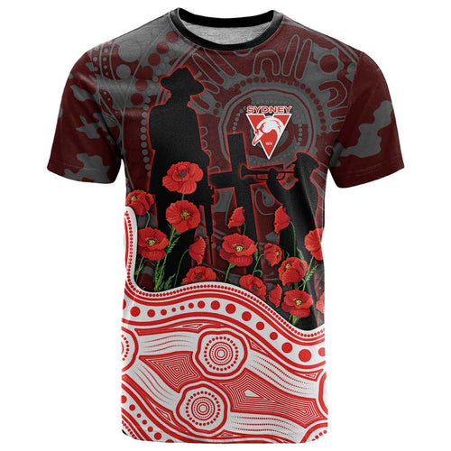 Sydney Swans ANZAC Day T Shirt Indigenous Dot Art with Poppy Flower Tribute