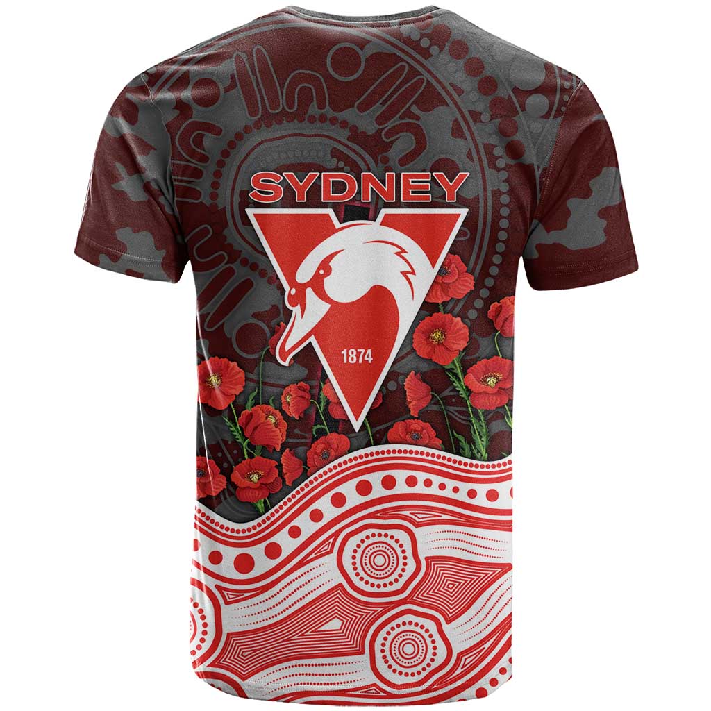 Sydney Swans ANZAC Day T Shirt Indigenous Dot Art with Poppy Flower Tribute