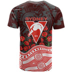 Sydney Swans ANZAC Day T Shirt Indigenous Dot Art with Poppy Flower Tribute