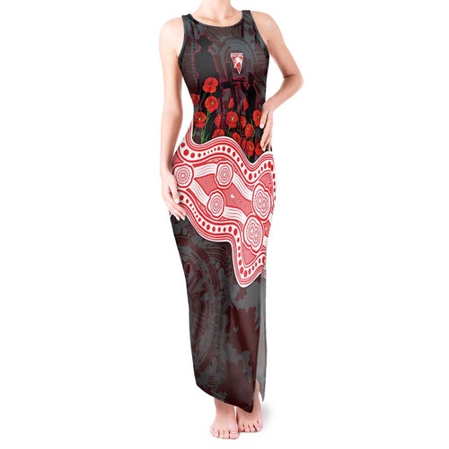 Sydney Swans ANZAC Day Tank Maxi Dress Indigenous Dot Art with Poppy Flower Tribute