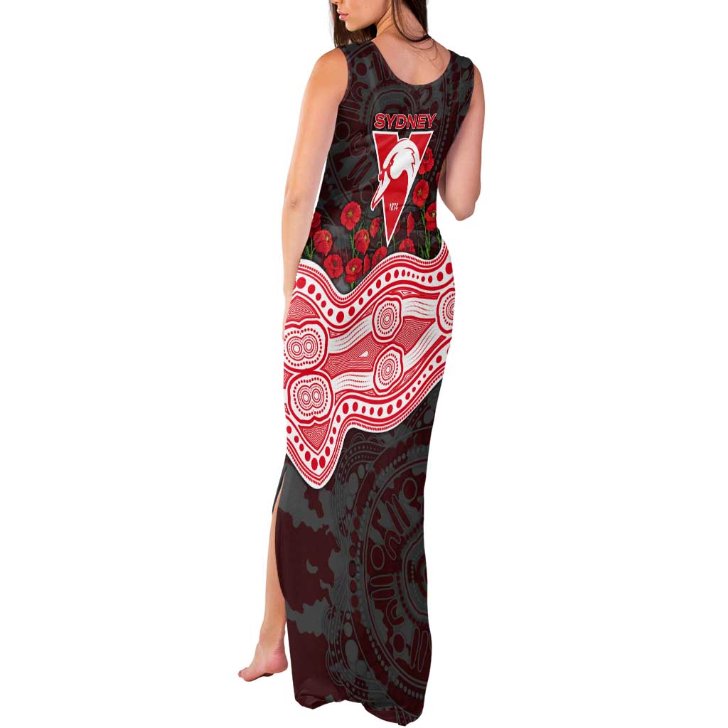 Sydney Swans ANZAC Day Tank Maxi Dress Indigenous Dot Art with Poppy Flower Tribute