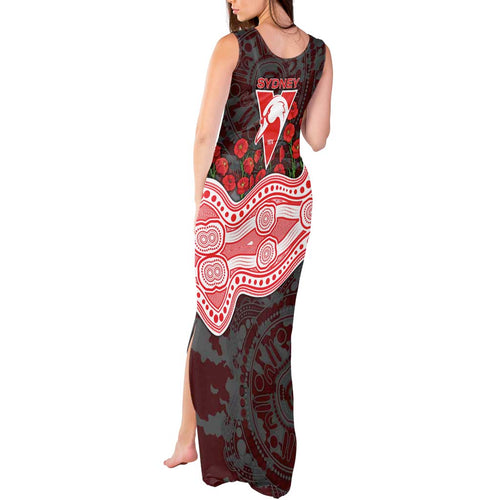 Sydney Swans ANZAC Day Tank Maxi Dress Indigenous Dot Art with Poppy Flower Tribute
