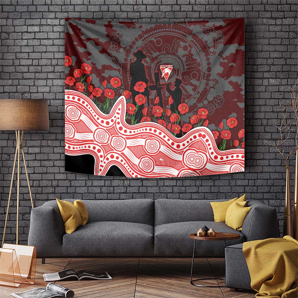 Sydney Swans ANZAC Day Tapestry Indigenous Dot Art with Poppy Flower Tribute
