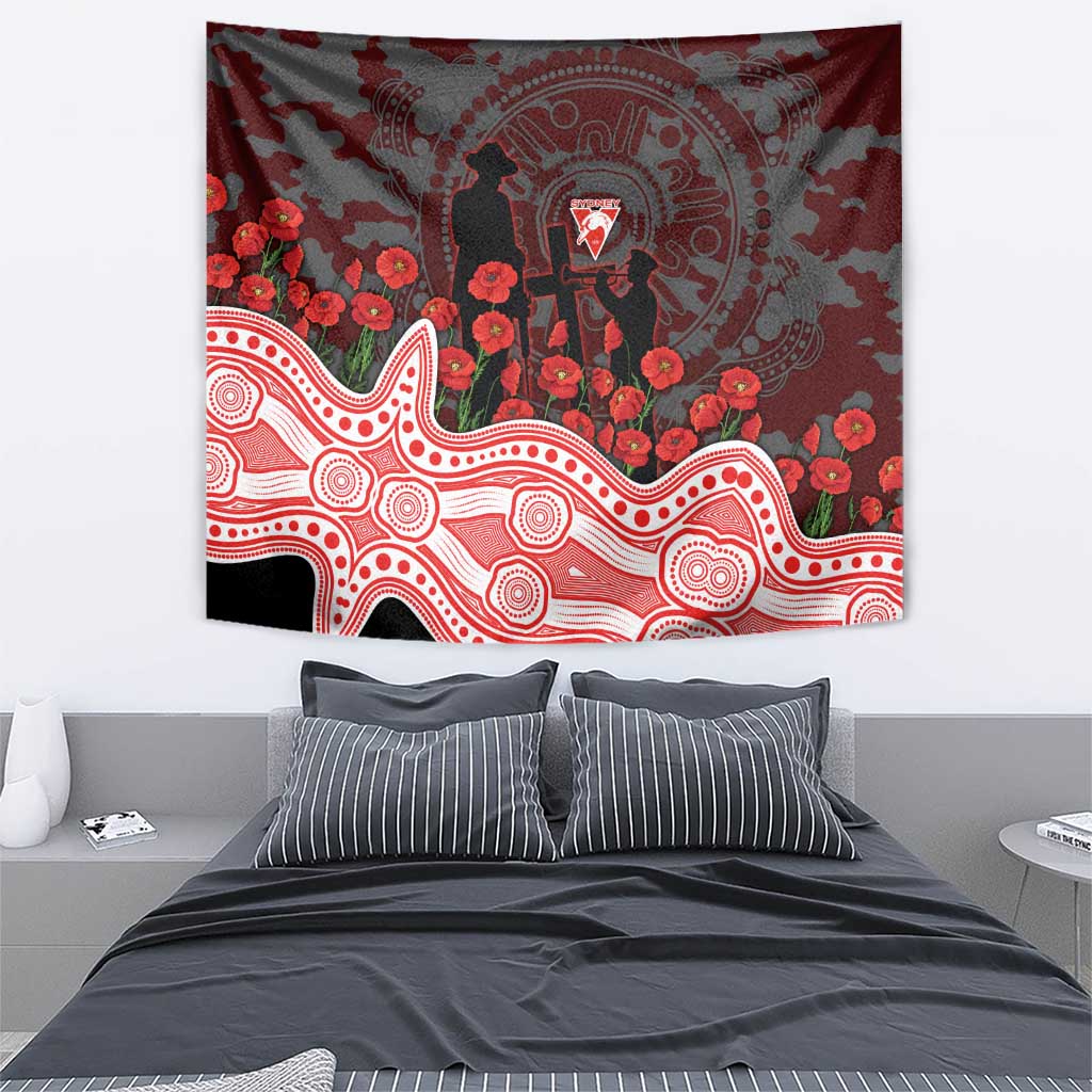 Sydney Swans ANZAC Day Tapestry Indigenous Dot Art with Poppy Flower Tribute