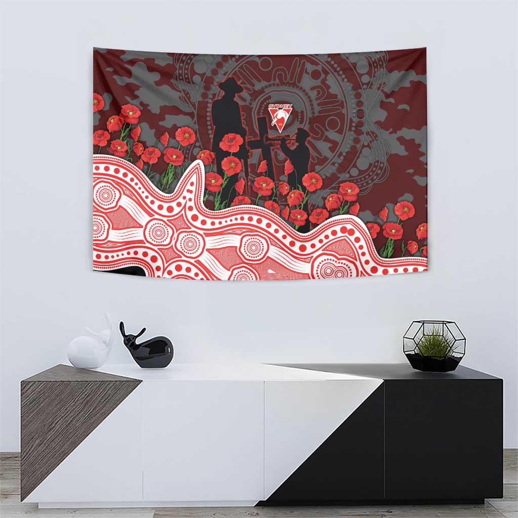 Sydney Swans ANZAC Day Tapestry Indigenous Dot Art with Poppy Flower Tribute