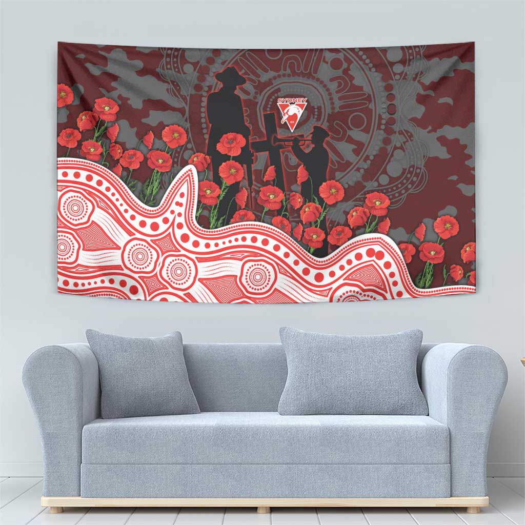 Sydney Swans ANZAC Day Tapestry Indigenous Dot Art with Poppy Flower Tribute