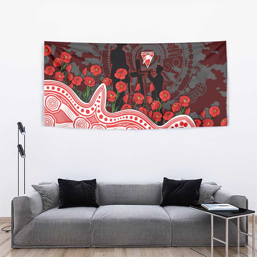 Sydney Swans ANZAC Day Tapestry Indigenous Dot Art with Poppy Flower Tribute