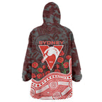 Sydney Swans ANZAC Day Wearable Blanket Hoodie Indigenous Dot Art with Poppy Flower Tribute