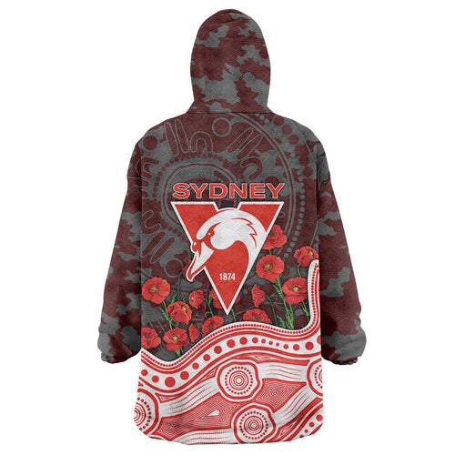 Sydney Swans ANZAC Day Wearable Blanket Hoodie Indigenous Dot Art with Poppy Flower Tribute