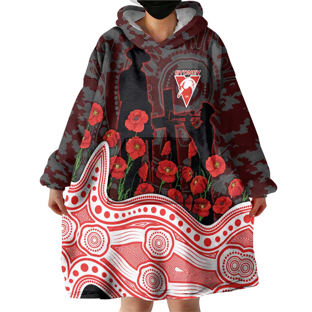 Sydney Swans ANZAC Day Wearable Blanket Hoodie Indigenous Dot Art with Poppy Flower Tribute