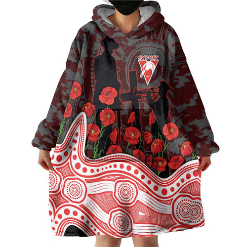 Sydney Swans ANZAC Day Wearable Blanket Hoodie Indigenous Dot Art with Poppy Flower Tribute