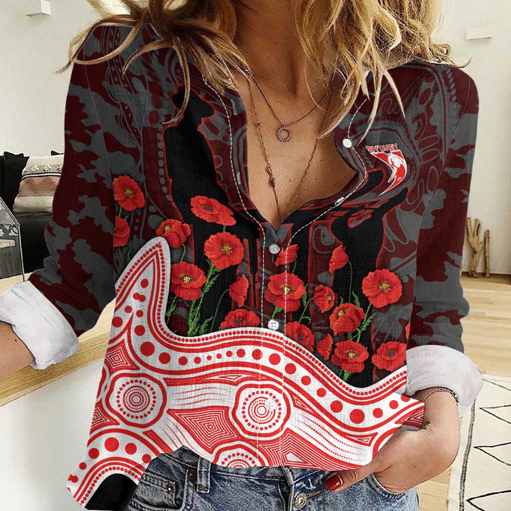 Sydney Swans ANZAC Day Women Casual Shirt Indigenous Dot Art with Poppy Flower Tribute