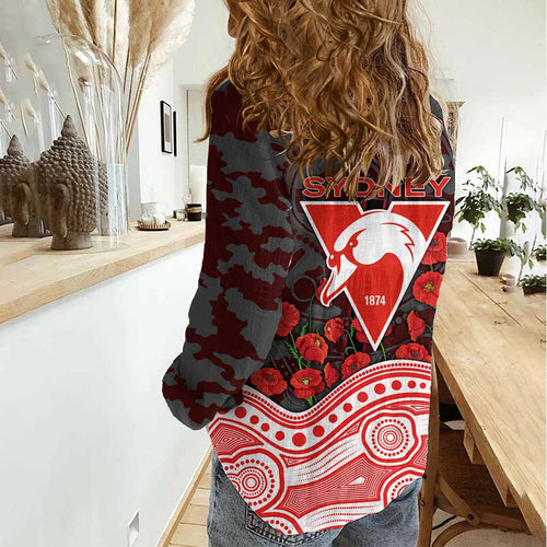 Sydney Swans ANZAC Day Women Casual Shirt Indigenous Dot Art with Poppy Flower Tribute