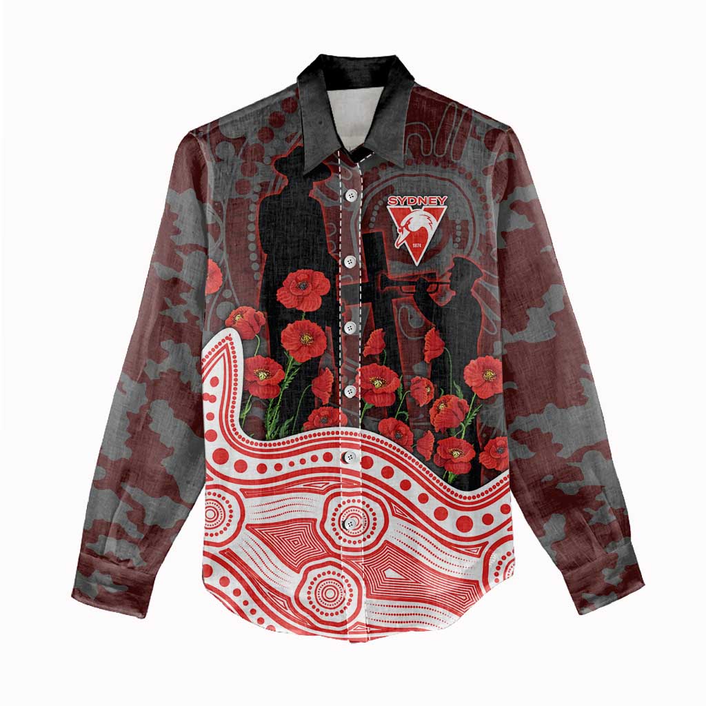 Sydney Swans ANZAC Day Women Casual Shirt Indigenous Dot Art with Poppy Flower Tribute