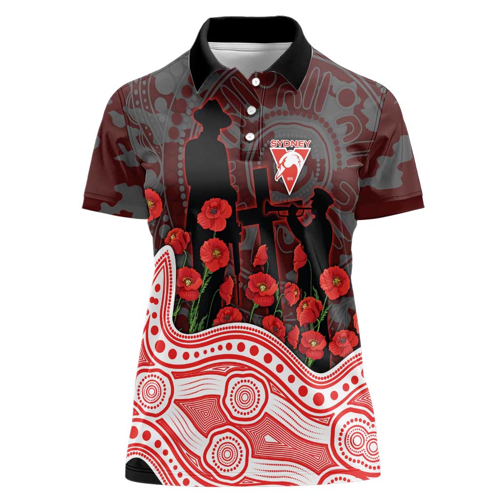Sydney Swans ANZAC Day Women Polo Shirt Indigenous Dot Art with Poppy Flower Tribute