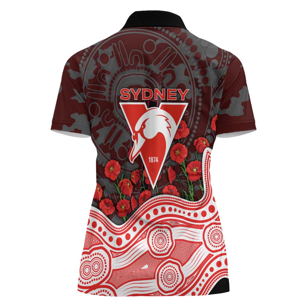 Sydney Swans ANZAC Day Women Polo Shirt Indigenous Dot Art with Poppy Flower Tribute