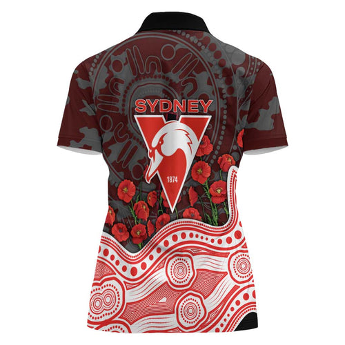 Sydney Swans ANZAC Day Women Polo Shirt Indigenous Dot Art with Poppy Flower Tribute