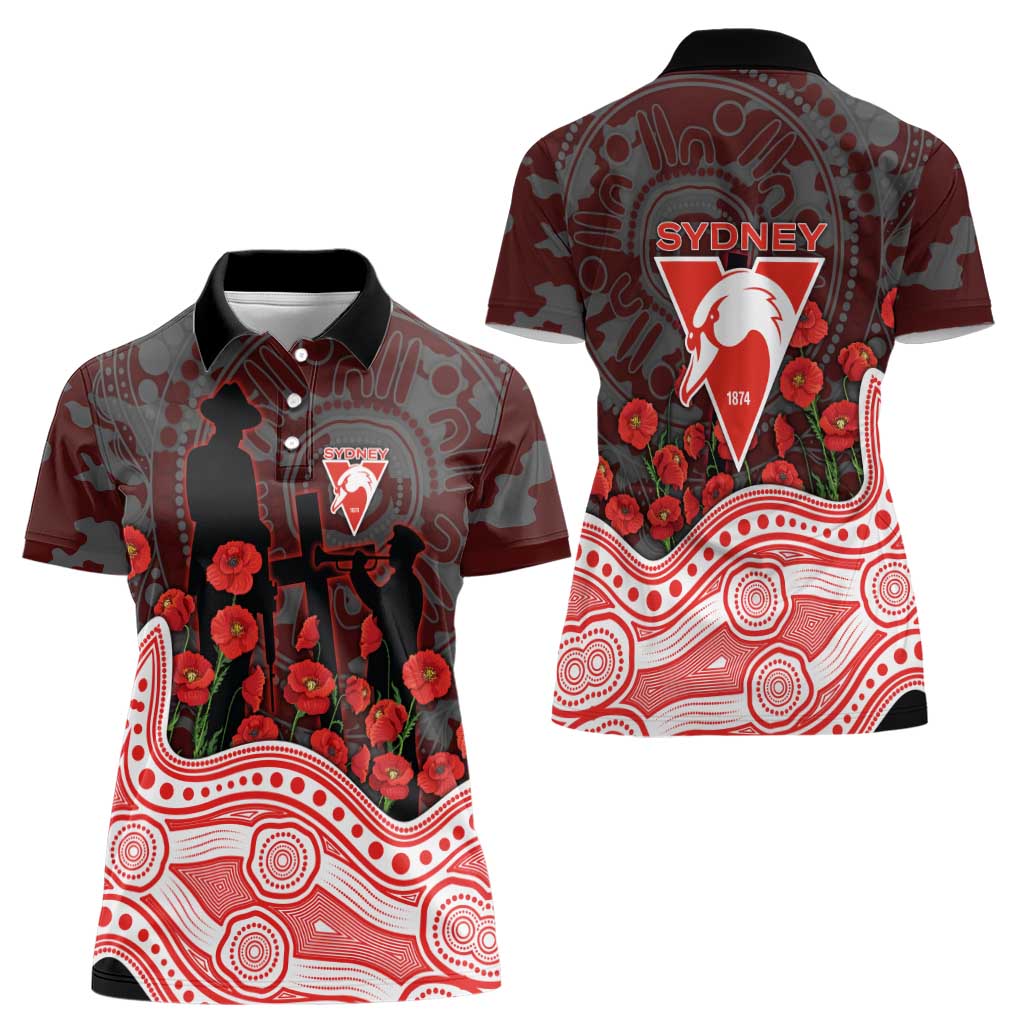 Sydney Swans ANZAC Day Women Polo Shirt Indigenous Dot Art with Poppy Flower Tribute