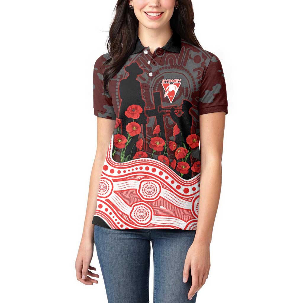 Sydney Swans ANZAC Day Women Polo Shirt Indigenous Dot Art with Poppy Flower Tribute