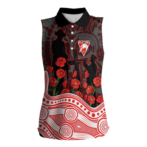 Sydney Swans ANZAC Day Women Sleeveless Polo Shirt Indigenous Dot Art with Poppy Flower Tribute