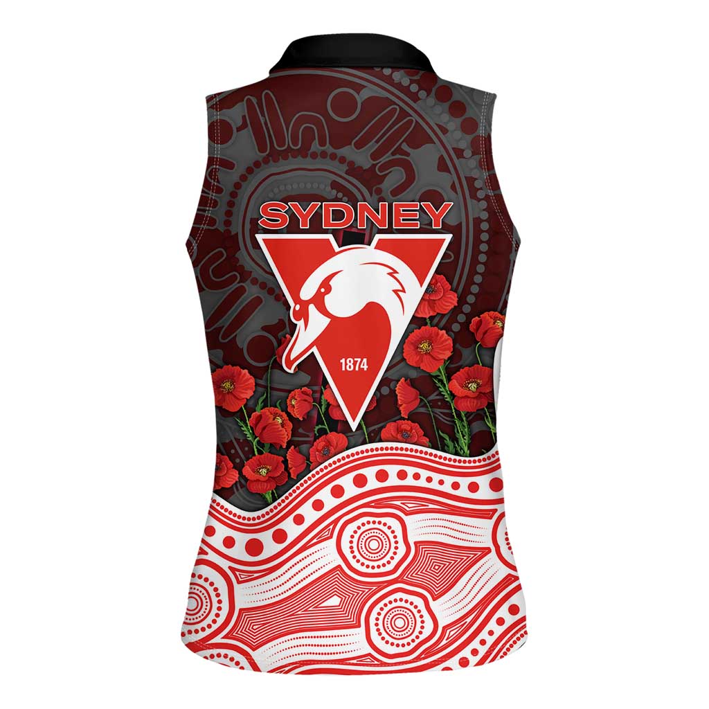 Sydney Swans ANZAC Day Women Sleeveless Polo Shirt Indigenous Dot Art with Poppy Flower Tribute