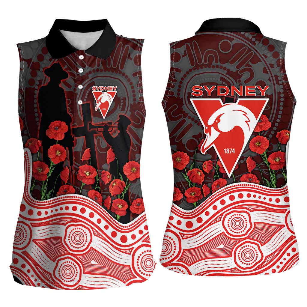 Sydney Swans ANZAC Day Women Sleeveless Polo Shirt Indigenous Dot Art with Poppy Flower Tribute