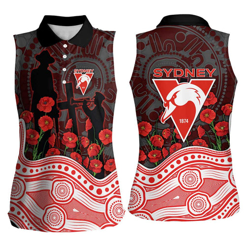 Sydney Swans ANZAC Day Women Sleeveless Polo Shirt Indigenous Dot Art with Poppy Flower Tribute
