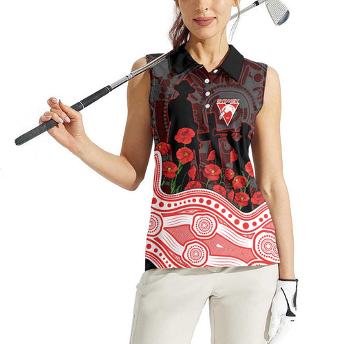 Sydney Swans ANZAC Day Women Sleeveless Polo Shirt Indigenous Dot Art with Poppy Flower Tribute