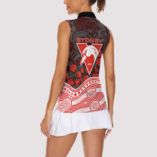 Sydney Swans ANZAC Day Women Sleeveless Polo Shirt Indigenous Dot Art with Poppy Flower Tribute