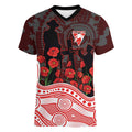 Sydney Swans ANZAC Day Women V-Neck T-Shirt Indigenous Dot Art with Poppy Flower Tribute