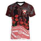 Sydney Swans ANZAC Day Women V-Neck T-Shirt Indigenous Dot Art with Poppy Flower Tribute