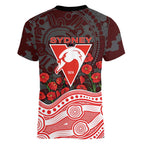 Sydney Swans ANZAC Day Women V-Neck T-Shirt Indigenous Dot Art with Poppy Flower Tribute
