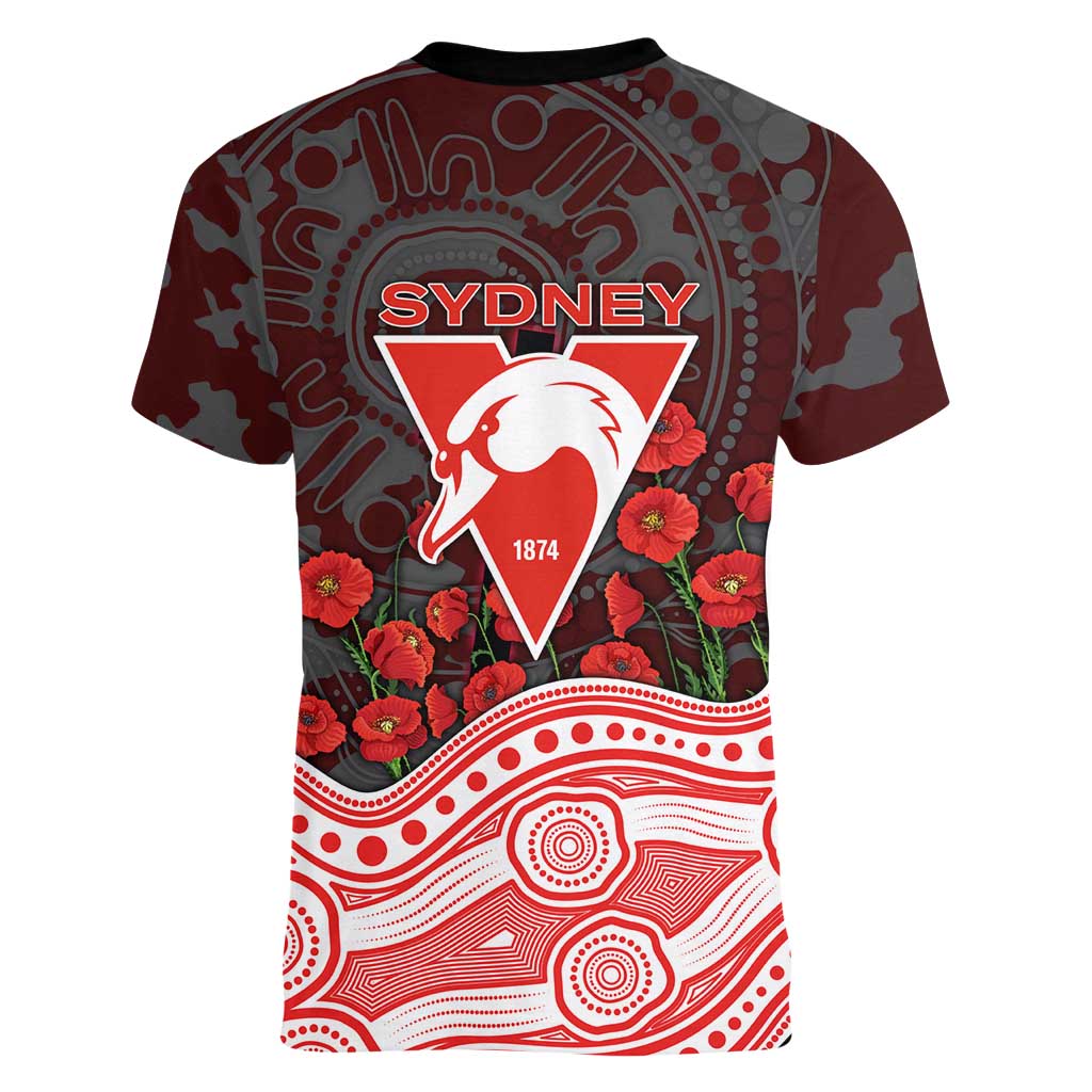 Sydney Swans ANZAC Day Women V-Neck T-Shirt Indigenous Dot Art with Poppy Flower Tribute