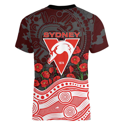 Sydney Swans ANZAC Day Women V-Neck T-Shirt Indigenous Dot Art with Poppy Flower Tribute