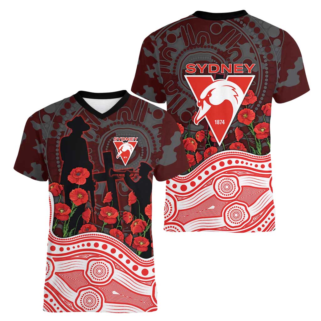 Sydney Swans ANZAC Day Women V-Neck T-Shirt Indigenous Dot Art with Poppy Flower Tribute