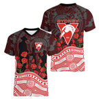 Sydney Swans ANZAC Day Women V-Neck T-Shirt Indigenous Dot Art with Poppy Flower Tribute